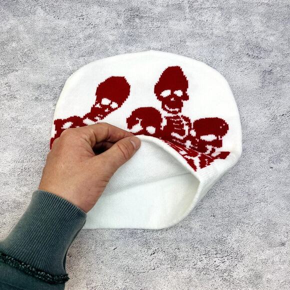 grunge punk red and white skeleton beanie - Picture 4 of 6